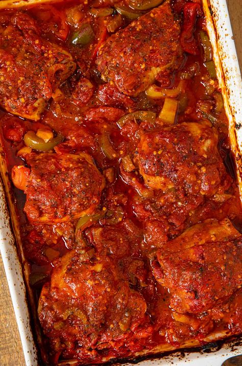 Baked Chicken Cacciatore top-down view in baking dish Baked Chicken Cacciatore, Dinner With Chicken Thighs, Sauce For Baked Chicken, Chicken Thighs Baked, Dinner With Chicken, Easy Baked Chicken Thighs, Crispy Baked Chicken Thighs, Cacciatore Recipes, Chicken Cacciatore Recipe