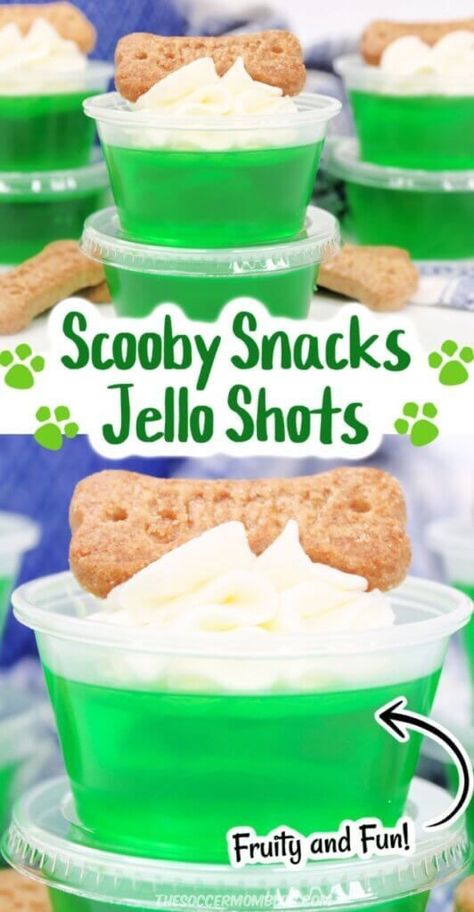 Learn how to make these adorable Scooby snacks jello shots from the Soccer Mom Blog! These jello shots are fruity and fun! They are the perfect fun, alcoholic dessert to serve at any party. Try this easy recipe this summer! Lime Jello Shots, Scooby Snack Shot, Best Jello Shots, Jelly Shots, Alcholic Drinks, Pudding Shots, Jello Shot Recipes, Scooby Snacks, Party Food Dessert