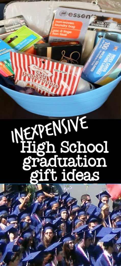 Inexpensive graduation gift ideas to put together a graduation gift basket. Most of the items can be found at the dollar store. Graduation Gift Bags Ideas High Schools, Bulk Graduation Gift Ideas, Graduation Gift Basket Ideas For Boys, High School Graduation Basket Ideas, Senior Swag Bag Gift Ideas, Graduation Bucket Ideas, Cheap Graduation Gifts For High School, Dollar Tree Graduation Gifts, Graduation Gift Basket Ideas High School