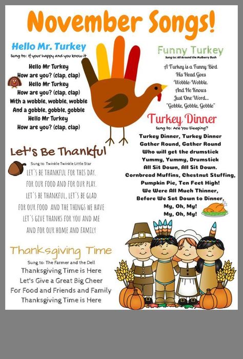 Nov 20, 2018 - November songs for transitional kindergarten. Thanksgiving Songs For Kids, Turkey Songs, November Lesson Plans, Classroom Thanksgiving, Thanksgiving Activities Preschool, Thanksgiving Songs, Thanksgiving Lessons, Thanksgiving Crafts Preschool, Thanksgiving School