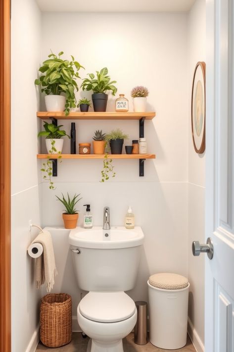 Transform your small bathroom into an organized oasis with wall-mounted shelves filled with plants and decorative items. Learn how to make the most of your space! #SmallBathroomIdeas #HomeOrganization Small Bathroom No Bath, Tiny Restroom Ideas Decor, Hobo Bathroom Ideas, Space Saving Toilet And Sink, Retro Small Bathroom, Small Half Bathroom Decor Ideas, Tiny Bathroom Inspiration, Groovy Bathroom Aesthetic, Small Bathroom Renter Friendly