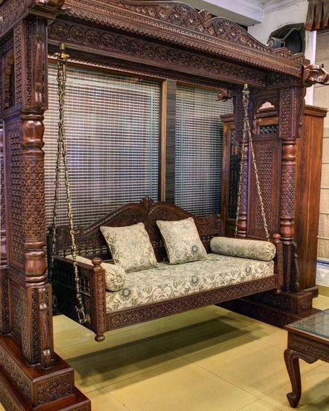 Jhula In Living Room, Bengali House, Cane Outdoor Furniture, Wooden Jhula, South Indian Design, Swing In Living Room, House Beautiful Living Rooms, Switzerland Wallpaper, Sofa Design Wood