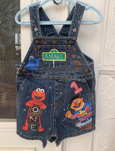 Sesame Street Overalls, Sesame Street Birthday Outfit Boy, Sesame Street First Birthday Girl, Sesame Street Halloween Party, Elmo Overalls, Sesame Street Birthday Outfit, Street Birthday Outfit, Sesame Street Outfit, Sesame Street First Birthday