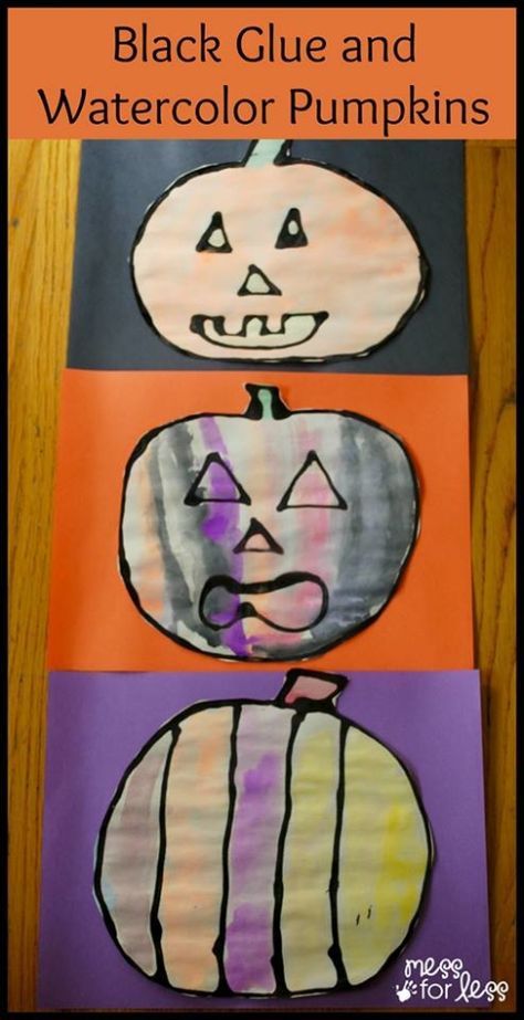 Black Glue and Watercolor Pumpkins Halloween Theme Preschool, Black Glue, Halloween Arts And Crafts, Halloween Preschool, Kid Projects, Fall Preschool, Halloween Activities For Kids, Watercolor Pumpkins, White Glue