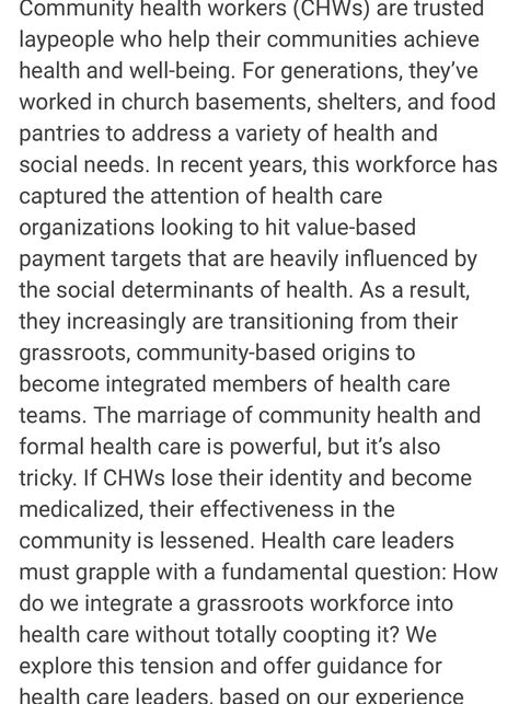 #HealthierCommunities #SDOH - https://www.healthaffairs.org/do/10.1377/hblog20190507.746358/full/?utm_source=Newsletter&utm_medium=email&utm_content=Integrating+Community+Health+Workers+Into+Health+Care+Teams%3B+Preventing+Sepsis&utm_campaign=HAT+5-10-19 - #CommunityHealthWorkers #Respect Biology Degree, Community Health Worker, Health Workers, Care Organization, Community Health, Job Career, Public Health, Biology, Nursing