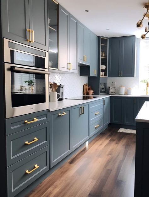 Blue Kitchen Cabinets Gold Hardware, Luxury Kitchen Island, Compact Kitchen Design, Kitchen Design Color, Kitchen Design Modern, Transitional Decor Kitchen, Modern Kitchen Interiors, Small Kitchen Decor, Kitchen Interior Design Modern