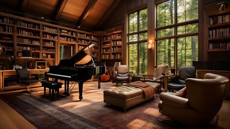 Taylor Swift's House in Watch Hill | Omni Home Ideas Grand Piano In House, Music Room Library Study, Library Piano Room, Piano In Library, Grand Piano Room Luxury, Taylor Swift House Interior, Library With Piano, Dark Music Room, Home Music Studio Aesthetic