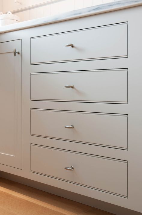 This four drawer custom cabinet with Square Inset face frames features custom solid wood drawer fronts with beaded routes for detail. Inset Kitchen Cabinets, Flat Front Cabinets, Crown Point Cabinetry, Face Frame Cabinets, White Shaker Kitchen Cabinets, Inset Cabinetry, Cabinet Door Style, Cabinet Faces, Inset Cabinets