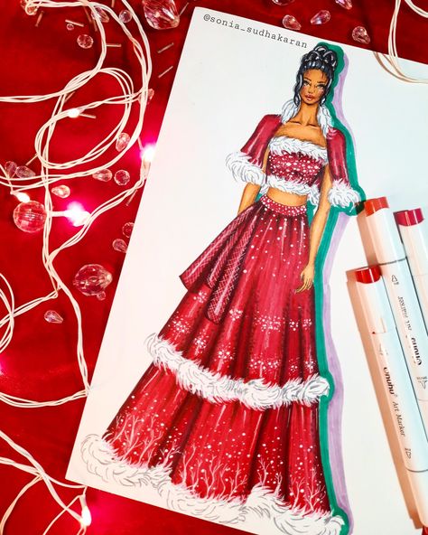 Christmas Theme Dress Women, Christmas Dress Drawing, Christmas Outfit Drawings, New Year Party Outfit Winter, Christmas Theme Dress, Christmas Fashion Illustration, New Year Party Outfit, Winter Dress Ideas, Party Outfit Winter