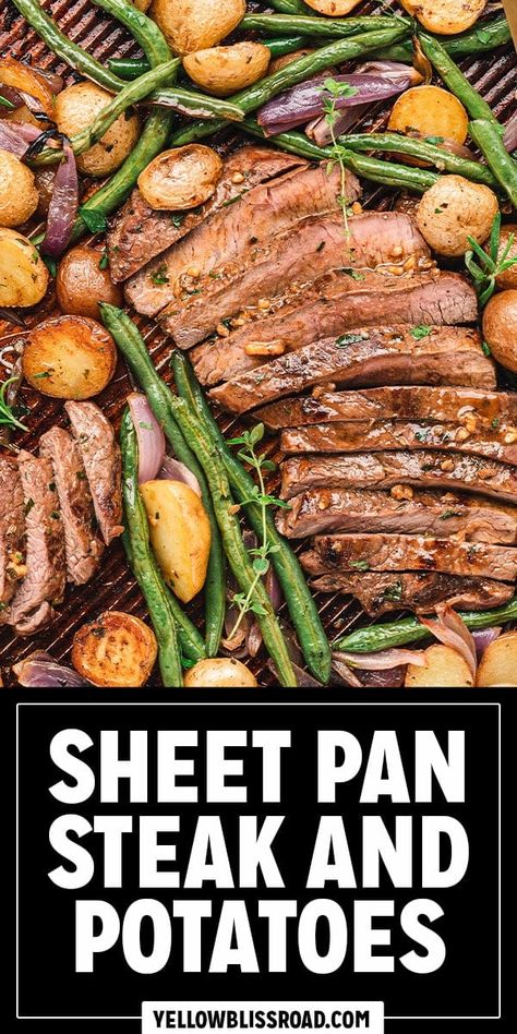 Steak and Potatoes baked and broiled on a sheet pan with veggies all brushed with garlicky herb butter and cooked to perfection. Steak Sheet Pan Dinner, Steak Sheet Pan, Steak And Potatoes, Potatoes Baked, French Green Beans, Pan Steak, Rare Steak, Top Sirloin Steak, London Broil