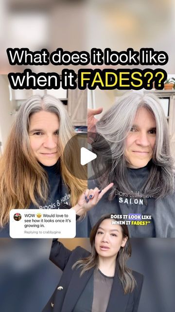 Emily Chen on Instagram: "A grey transition is not “one & done” - It’s the first BIG STEP to growing out your natural grey as gracefully as possible. There is still regular maintenance, but unlike the regular maintenance of permanent color, it is maintenance that has a means to an end. ⁣ ⁣ Maintenance for a grey transition looks like 👇⁣ ⁣ 𝙄𝙉 𝙎𝘼𝙇𝙊𝙉: ⁣ - 𝘁𝗼𝗻𝗲𝗿 & 𝘁𝗿𝗶𝗺 𝗲𝘃𝗲𝗿𝘆 𝟲-𝟴 𝘄𝗲𝗲𝗸𝘀 (depending on haircut, of course)⁣ - 𝗼𝗻𝗲 𝗺𝗼𝗿𝗲 𝗿𝗼𝘂𝗻𝗱 𝗼𝗳 𝗹𝗼𝘄𝗹𝗶𝗴𝗵𝘁𝘀 𝗮𝗽𝗽𝗿𝗼𝘅 𝟴 𝗺𝗼𝗻𝘁𝗵𝘀 𝗼𝘂𝘁 if needed. Typically the more “pepper” there is, the more likely this last step will be necessary to maintaining a smooth blend. People always ask: ⁣”Do lowlights fade warm?” - yes. Yes all lowlights, all brands, will fade with some degree of warmth. BUT formulat Blond To Grey Hair Transition, Go Grey Hair Transition, Brunette To Grey Transition, Transitioning To Grey Hair From Brunette, Blonde To Grey Transition, Natural Grey Hair Transition, Grey Lowlights, Growing Out Grey Hair Transition, Blonde Grey Blending