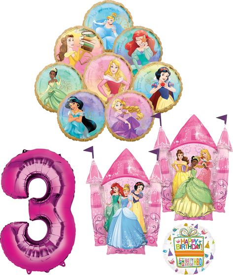 PRICES MAY VARY. (1) 34" Giant Pink Number 3 Foil Balloon, (1) 35" Two Sided Princess Castle Foil Balloon (Image shows both sides of 1 balloon), (8) 18" Princess Foil Balloons Ariel, Belle, Cinderella, Jasmine, Rapunzel, Sleeping Beauty, Snow White and Tiana, (1) 18" Birthday Present Foil Balloon Just add Helium to the balloons and ENJOY. Inflate balloons same day of event. Latex balloons have an average indoor float time of 12-24 hours. Foil balloons can last multiple days if filled and stored Princess Balloon Decorations, Disney Princess Theme Birthday Party, Disney Princess Party Supplies, Birthday Balloon Bouquet, Princess Balloons, Princess Birthday Party Decorations, 1st Birthday Balloons, Giant Roses, Princess Party Decorations