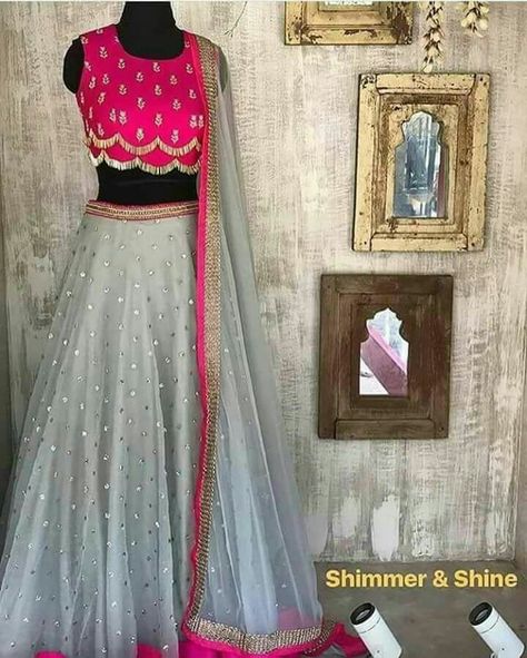 Pink and grey lehenga Party Wear Outfits, Grey Lehenga, Lehnga Dress, Lehenga Blouse Designs, Half Saree Designs, Choli Designs, Salwar Kamiz, Pink Lehenga, Indian Gowns Dresses