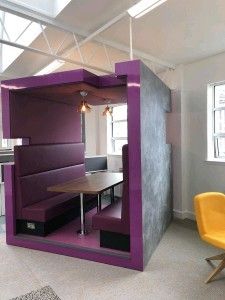 Seating Booth, Office Design Small Office Table, Office Floor Plan, Modern Workplace, Upholstered Walls, Filing Cabinet Storage, Multipurpose Table, Office Pods, Office Fit Out, Booth Seating