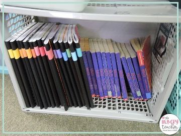 Student Materials Classroom Organization | Part 3 - The Hungry Teacher Classroom Workbook Storage, Classroom Supplies Organization, Classroom Library Organization, Student Storage, Library Organization, Teacher Material, Future Teacher, Student Notebooks, Upper Elementary Classroom