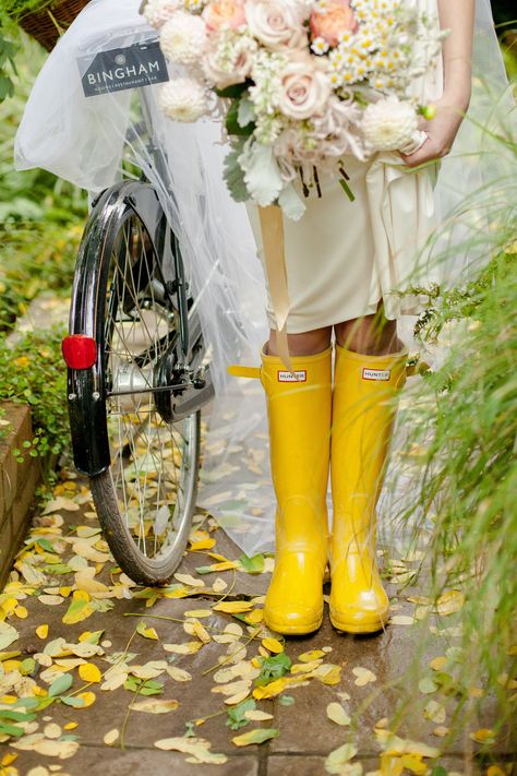 Rain Boots Photoshoot, Rain Boots Photography, Family Wellies Picture, Flowers In Wellies Wedding, Wellies With Flowers, White Wedding Boots, Wedding Wellies, English Garden Wedding Inspiration, Yellow Wellies