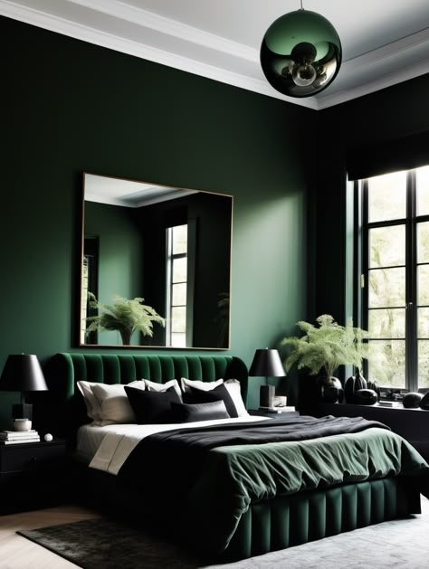 Dark Green Bedroom Ideas That Will Inspire You - Amanda Katherine Dark Monochromatic Room, Emerald Green Room Inspiration, Emerald Green Color Scheme Bedroom, Dark Green Room Color, Green Themed Room, Emerald Green And Gold Bedroom, Bedroom Colour Schemes Green, Dark Green Bedrooms, Dark Green Room