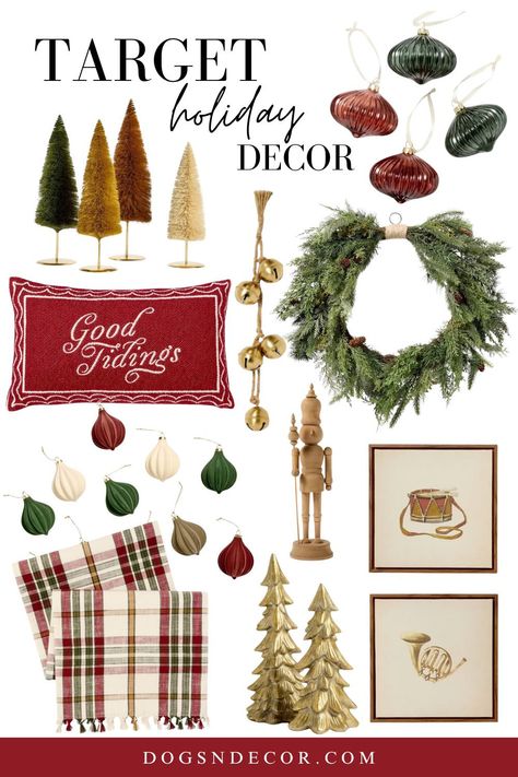 2024 Studio McGee Target Holiday Collection featuring dark red, green, and gold festive decor including trees, ornaments, and wreaths. Neutral Red And Green Christmas, Target Christmas Decor 2024, Target Christmas 2024, Traditional Red And Green Christmas Decor, Modern Traditional Christmas Decor, Neutral Christmas Decor With Pops Of Red, Christmas Decor Color Schemes, 2024 Christmas Trends, Studio Mcgee Holiday