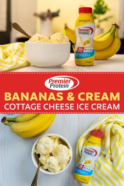 Premier Protein Bananas & Cream - a Cottage Cheese Ice Cream Recipe! : ObesityHelp Bypass Meals, Cottage Cheese Ice Cream Recipe, Cottage Cheese Ice Cream, Cottage Cheese Recipes Healthy, Protein Ice Cream Recipe, Cottage Cheese Desserts, Cheese Ice Cream, Creami Recipes, Protein Oatmeal