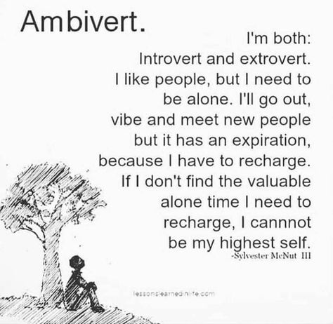 I'm both: Introvert and extrovert. I like people, but I need to be alone. I'll go out, vibe and meet new people but it has an expiration, because I have to recharge. If I don't find the valuable alone time I need to recharge, I cannot be my highest self  Sylvester MeNut II Recharge Quotes, Introvert Personality, Happy Alone, Extroverted Introvert, New People, Thoughts Quotes, Meaningful Quotes, Quotes Deep, Cool Words