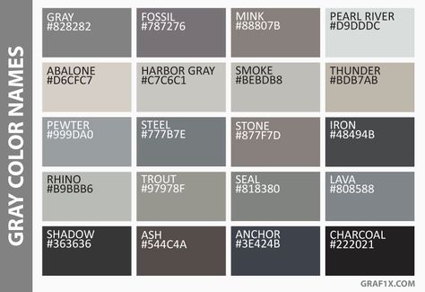 List of Colors with Color Names – graf1x.com Grey Colour Chart, Color Names Baby, Grey Color Names, Shades Of Gray Color, Pantone Color Chart, Coloring Images, Grey Color Palette, Color Psychology, Fifty Shades Of Grey