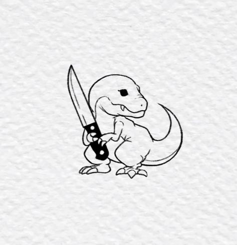 Dino Sibling Tattoos, Unique Dinosaur Tattoo, Small Drawing Tattoo Ideas, Opposite Tattoo Ideas, Dino Flash Tattoo, Trex Cute Tattoo, Dinosaur Riding A Skateboard Tattoo, Cute Dinosaur Tattoo Ideas, Velociraptor Tattoo Cute