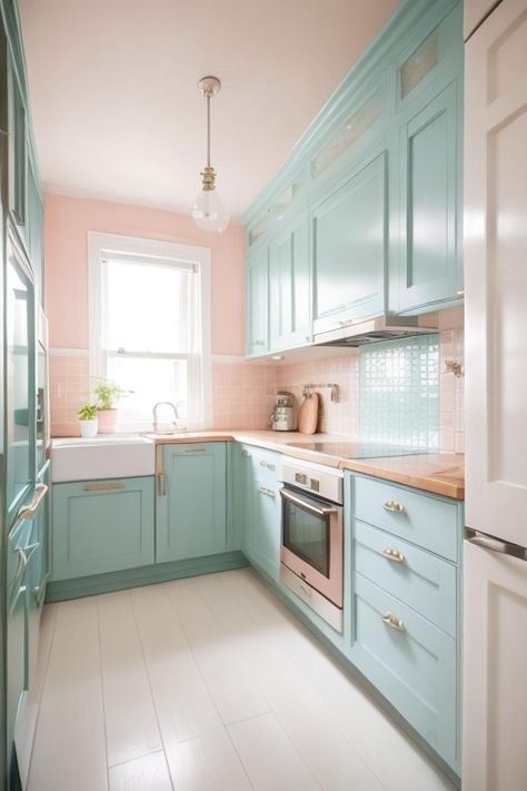 Light Teal Kitchen, Tiffany Blue Kitchen, Turquoise Kitchen Cabinets, Aesthetic Kitchen Ideas, Coral Kitchen, Bohemian Kitchen Decor, Wood Kitchen Counters, Boho Chic Kitchen, Kitchen Unit Designs