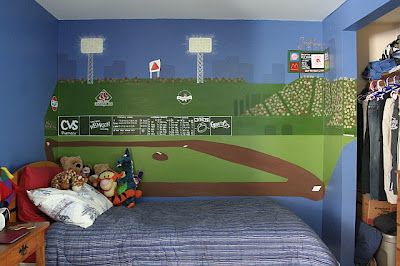 Fenway Park mural. Baseball Bedroom, Fenway Park, Boys Bedroom Decor, Boy Bedroom, Before And After Pictures, I Love A, Painting Process, Custom Artwork, Boy's Room