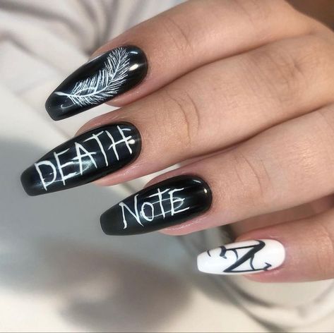 Satanic Nail Art, Nail Designs Emo, Gothic Nails Coffin, Emo Nail Designs, Emo Nails Acrylic, Tim Burton Nails, Anime Nails Acrylic, Emo Nail Art, Nails Emo