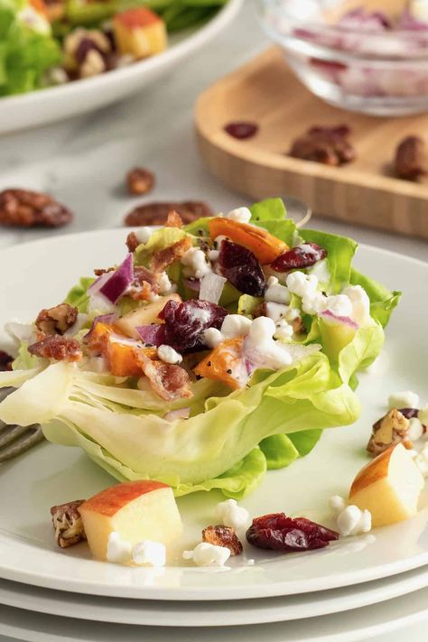 Thanksgiving Wedge Salad, Fall Brunch Salad Recipes, Thanksgiving Salad With Goat Cheese, Fall Wedge Salad, Wedge Salad Appetizer Party Appetizers, Mini Wedge Salad, Little Gem Wedge Salad With Herb Dressing, Goat Cheese Dressing, Wedge Salads