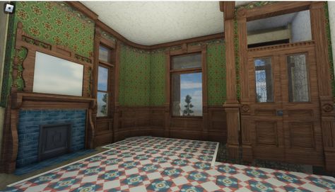 Bloxburg Vintage House Layout, Victorian Homes Interior Bloxburg, Bloxburg Old House Ideas, Victorian Wallpaper Bloxburg, Old Bloxburg Houses, Antique Bloxburg House, Bloxburg Old Mansion, Vintage Bloxburg House Interior, Victorian Interior Bloxburg