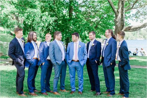 Groomsmen in Mismatched Blue Suits | Spring Wolfeboro Inn Wedding | New Hampshire Wedding | Caitlin Page Photography | Classic Spring Wedding at the Wolfeboro Inn New Hampshire Wedding Venue | Get more inspiration from this blue and cream outdoor ceremony and reception. #weddingphotography#newhampshirewedding Mismatched Blue Suits Groomsmen, Groomsmen Blue Suit, Mismatched Groomsmen, Blue Groomsmen Suits, Bhldn Bridesmaid, Painted Wedding Invitation, Wedding Groomsmen Attire, Proposal Pictures, Hand Painted Wedding