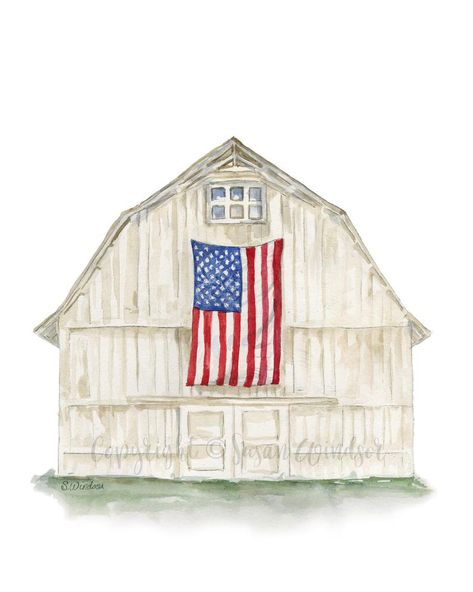 American Flag on a Farmhouse Barn Watercolor Gicleé | Etsy Barn Watercolor Painting, Watercolor Barns, Framed Portrait, Flag Hanging, Americana Art, Barn Painting, Barn Art, White Farmhouse, American Pride