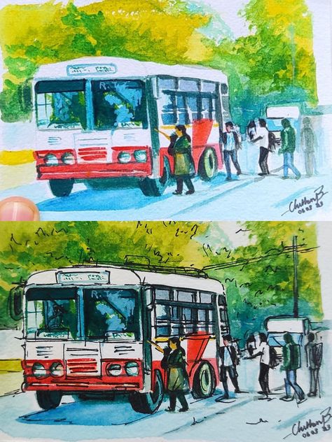 Bus Stop Memory Drawing, Market Scene Drawing, Bus Stop Sketch, Market Scene Drawing Easy, Bus Stop Painting, Bus Stop Drawing, Drawing Competition Topics, Intermediate Drawing, Watercolor Scenery Painting