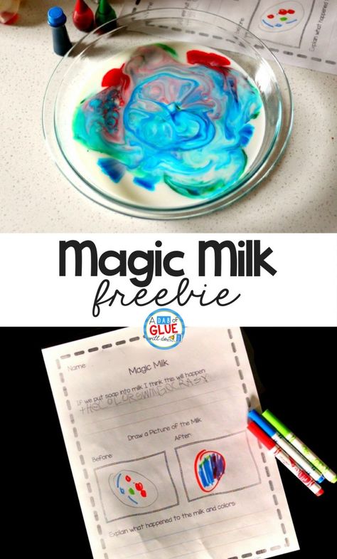 Have you ever wanted to try the Magic Milk experiment? We have and now my kids can play an active role with this printable results recording sheet! This is a fun experiment that your kids will love. :: www.thriftyhomeschoolers.com Experiments For Preschoolers, Milk Ideas, Milk Experiment, Milk Science Experiment, January Kindergarten, Magic Milk, First Grade Freebies, Preschool Sensory, Stem Experiments