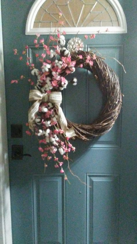 Spring cotton wreath, Easter, cherry blossom, cotton, burlap grapevine wreath, by Susan Lape Cherry Crafts, Cherry Blossom Wreath, Blossom Cherry, Farmhouse Easter, Cotton Wreath, Handmade Projects, Spring Projects, Wreath Easter, Holiday Door