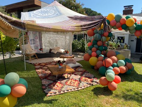 Bohemian flair on a drumcircle get-together Vivntage fabric tent, balloon garlands, covered pop up tent Decorate Pop Up Tent For Party, Pop Up Tent Decorations, Birthday Tent, Transformers Birthday Parties, Transformers Birthday, Park Party, Transformer Birthday, 4th Birthday Party, Drum Circle