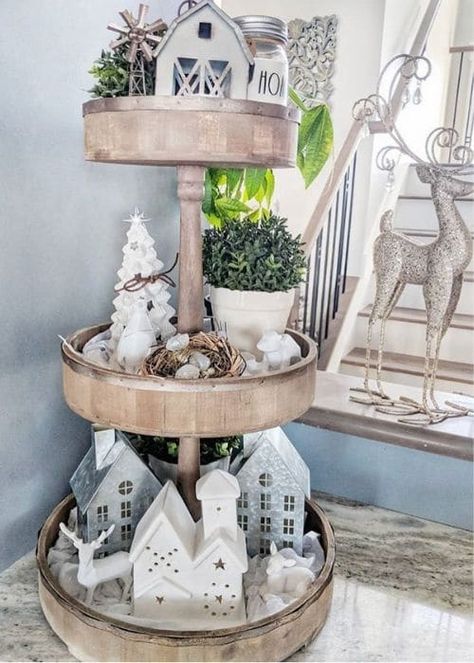 Christmas Village Tiered Tray Galvanized Tiered Tray, Tiered Tray Decor Ideas, Tray Decor Ideas, Christmas Tiered Tray Decor, Christmas Tiered Tray, Christmas Tray, Christmas Planning, Tiered Trays, Round Decor