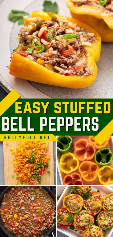 One of the best stuffed pepper recipes ever! With a classic combo of ground beef, rice, tomatoes, and cheese, these Mexican stuffed bell peppers are an easy comfort food dinner that's hearty and satisfying. Save this winter food idea! Best Stuffed Bell Peppers, Easy Stuffed Bell Peppers, Ground Beef And Rice, Stuffed Peppers With Rice, Easy Stuffed Peppers, Ground Beef Rice, Pepper Recipes, Beef Rice, Bell Pepper Recipes