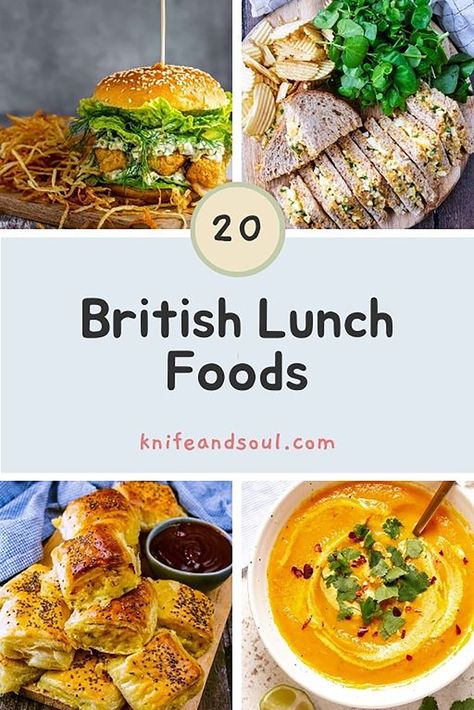 20 quintessentially British lunch foods with beloved sandwiches comforting soups, indulgent pies, iconic pub classics, and mouthwatering pastries. Delve into traditional favourites like Ploughman's Lunch or the Classic Sausage Sandwich. Sample a heart-warming steaming bowl of Broccoli and Stilton Soup or a flaky, golden Cheese and Onion Roll. Whether you're craving a light bite or a hearty meal, these 20 dishes will provide you with a delightful taste of British lunchtime culture. British Meal Recipes, Chef Iq Recipes, English Lunch Ideas, British Soup Recipes, British Lunch Ideas, British Meals Traditional, British Food Recipes Traditional, English Foods British, Easy British Recipes