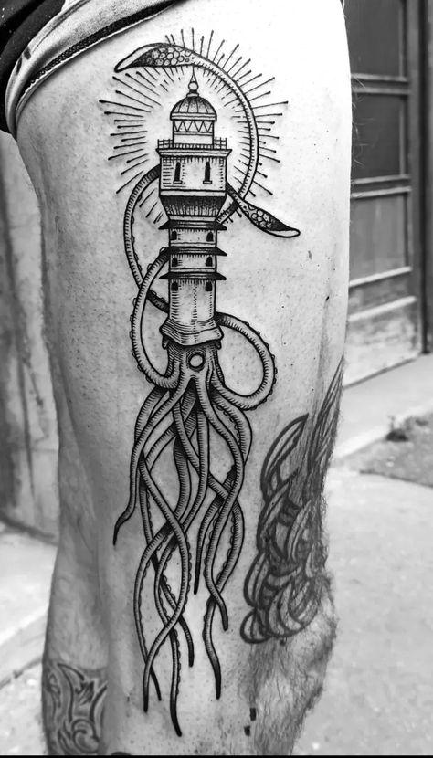 Ghost Ship Tattoo, Dark Lighthouse Tattoo, Lighthouse Tattoo Blackwork, Black And White Lighthouse Tattoo, Lighthouse And Octopus Tattoo, Lighthouse Tattoo Flash, Vintage Nautical Tattoo, Lighthouse Tattoo, Scary Tattoos