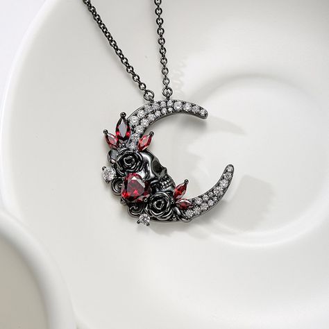 Moon Necklace Gothic Skull With Garnet Inlaid In Black Tone-VANCARO Hades Daughter, Moon Skull, Gothic Necklaces, Skull Moon, Gothic Pendant, Character Clothing, Designers Jewelry Collection, Jewelry Wardrobe, Necklace Gothic