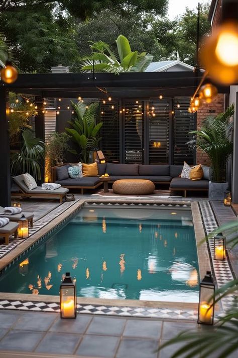 Backyard Ideas With Small Pool, Swimming Pool Area Decor, Backyard Landscaping Small Pool, Small Pool Garden Ideas, Pool And Patio Furniture Ideas, Outside Pool Decor Backyard Ideas, Small Gardens With Pool, Small Pool Patio Decorating Ideas, Small Backyard With Inground Pool