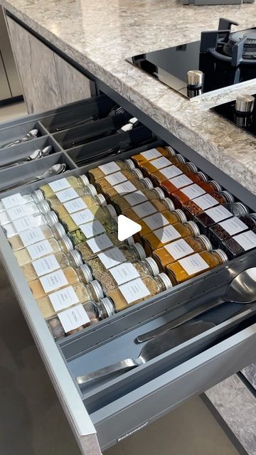 927K views · 22K likes | Plüsch on Instagram: "A neatly organized spice rack—complete with uniform labels and matching jars—is the Holy Grail of organised and aesthetic homes.

When stored in a cabinet, spices that are used less often tend to get lost in the back, here we have used our island drawer for storing spices — easy and super accessible while cooking your meals. 

Sharing more storage organising ideas from kitchen soon! Stay tuned. 

#PlüschLiving #KitchenOrganisation #Kitchen #SpiceRack #Spices #Storage #KitchenCabinets #KitchenStorage #OrganiseWithPlüsch" Spices Storage, Island Drawers, Organising Ideas, Storing Spices, Kitchen Organisation, Spice Organization, Holy Grail, Spice Rack, Kitchen Storage