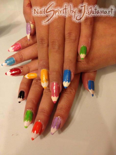 Crayon Nail Art, Pencil Nails Design, Crayon Nails Designs, Book Nails Designs, Crayon Nails, Pencil Nail Art, Teacher Nail Art, Wild Nails, Teacher Nails