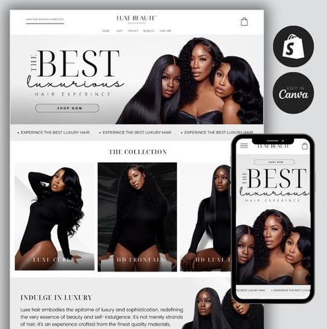 Shopify Hair Website Template, Hair Extension Website with Editable Canva Banners, Hair Stock Images, Shopify Store, Instant Download Business fonts logos #businessfontslogos business fonts #businessfonts fonts #fonts font #font 3.627 Hair Braider Website, Hair Website Ideas, Hair Page Ideas Instagram, Wig Website Design, Square Website Design, Hair Extension Website, Hair Website Design Inspiration, Hairstylist Website Design, Hair Page Logo