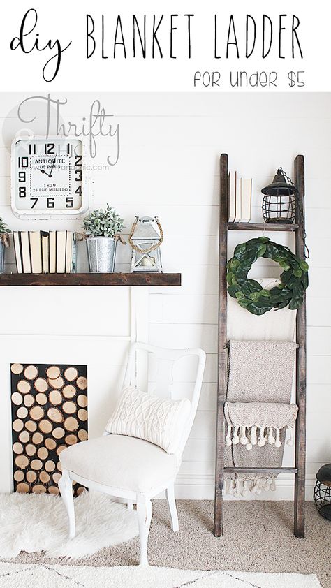 DIY Blanket Ladder for $5. Cute farmhouse decor and decorating ideas. Fixer upper style decor. White farmhouse living room ideas White Farmhouse Living Room, Cute Farmhouse Decor, Farmhouse Blanket Ladder, Blanket Ladders, Farmhouse Blankets, Diy Blanket, Farmhouse Living Room Ideas, Cute Farmhouse, Diy Blanket Ladder