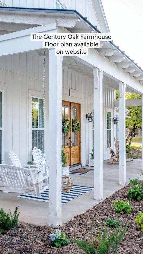 The Century Oak Farmhouse Floor plan available on website | Farmhouse style house, Farmhouse floor plans, House exterior Farmhouse Without Shutters, 1910 Bungalow, Farmhouse Floor Plan, Oak Farmhouse, Cottage Porch, Porch Remodel, Farmhouse Floor Plans, Front Porch Design, Barn Design