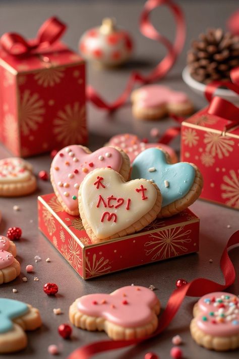 Festive Heart-Shaped Cookies Perfect for Holiday Gift Giving  Treats Cookie Delivery, Heart Shaped Cookies, Delicious Cookies, Yummy Cookies, Holiday Treats, Gift Giving, Winter Wonderland, Heart Shapes, The Holiday