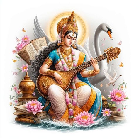 Lord Saraswati, Mata Saraswati, Gods Photos, Saraswathi Devi, Ganesha Art Illustration, Saraswati Mata, Maa Saraswati, Saraswati Photo, Pencil Sketches Easy